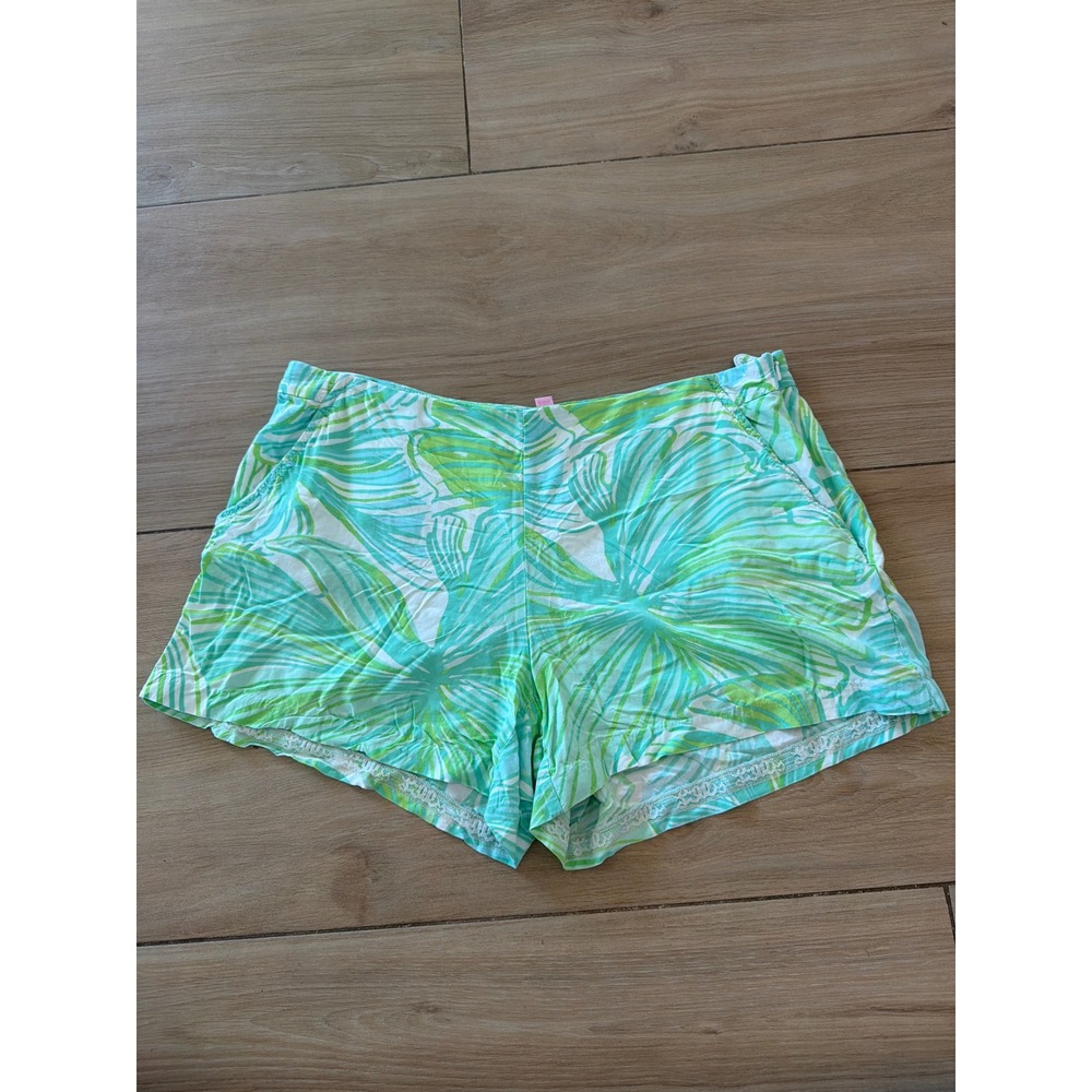 Lilly Pulitzer Green‎ Turquoise Palm Print Shorts Size 10 Tropical High Rise